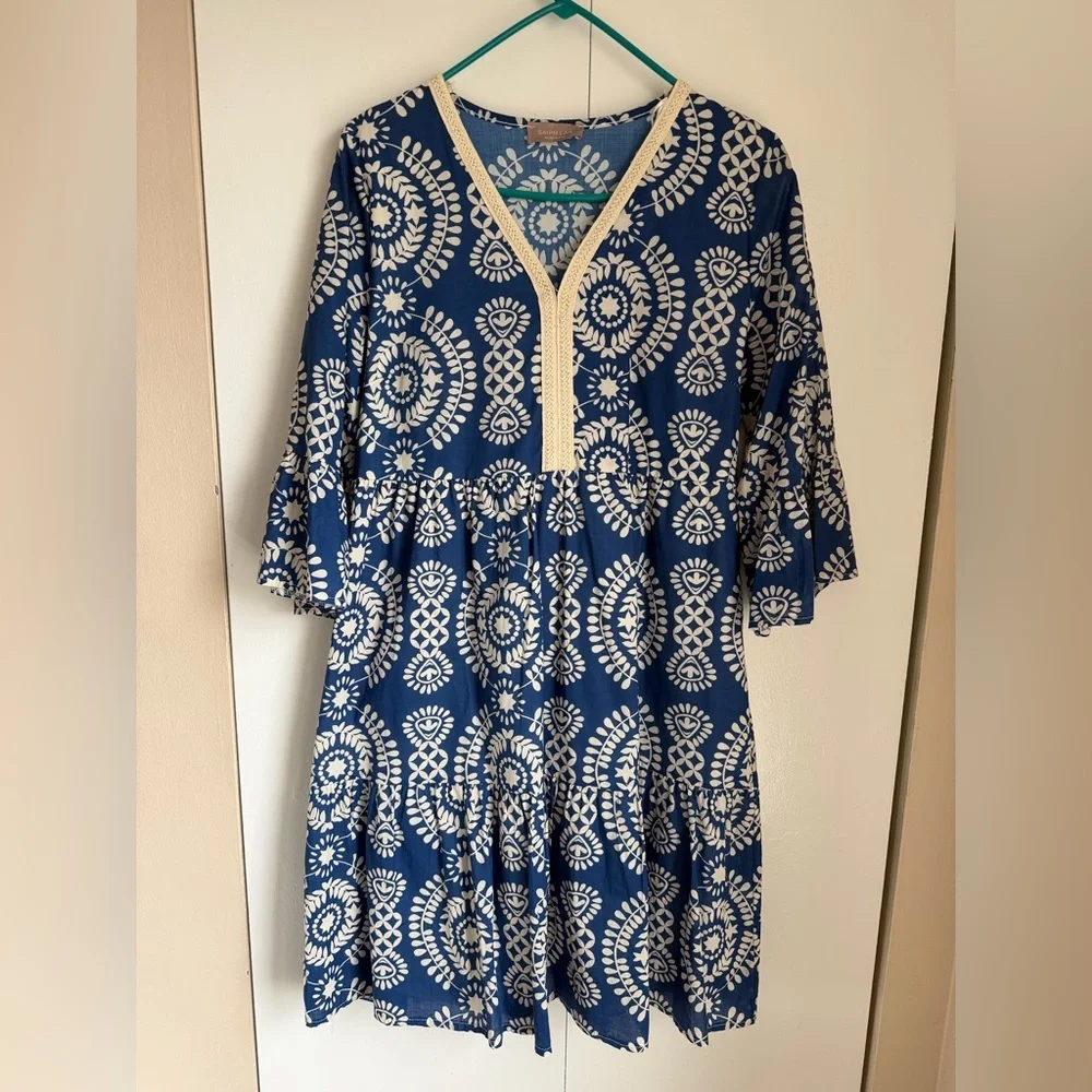 Blue and White Patterned Midi Dress - Picture 1 of 4